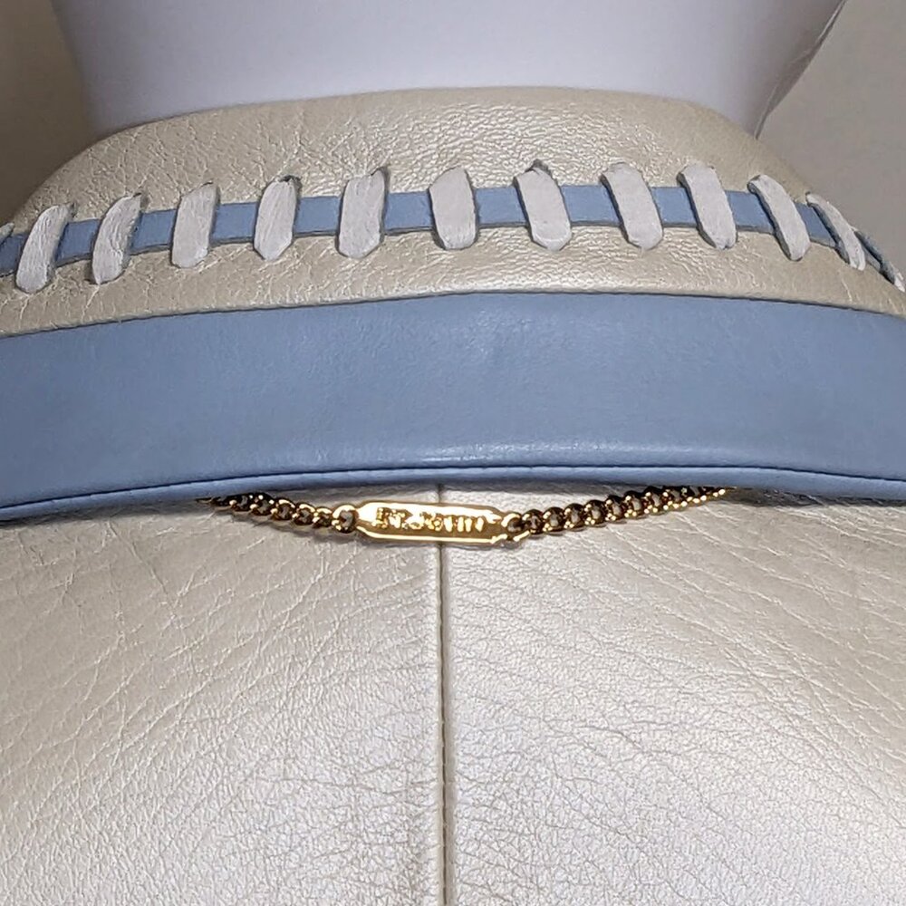 ST. JOHN Ivory 100% Leather Jacket w/ Baby Blue & White Braided  Trim - Picture 5 of 10